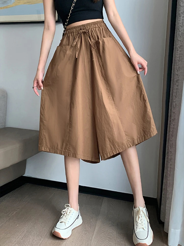 Casual Loose Wide Leg Pants Woman Thin Summer Plus Size Baggy Elastic Waist Lace Up Slacks CalfLength Trousers Culottes 250805