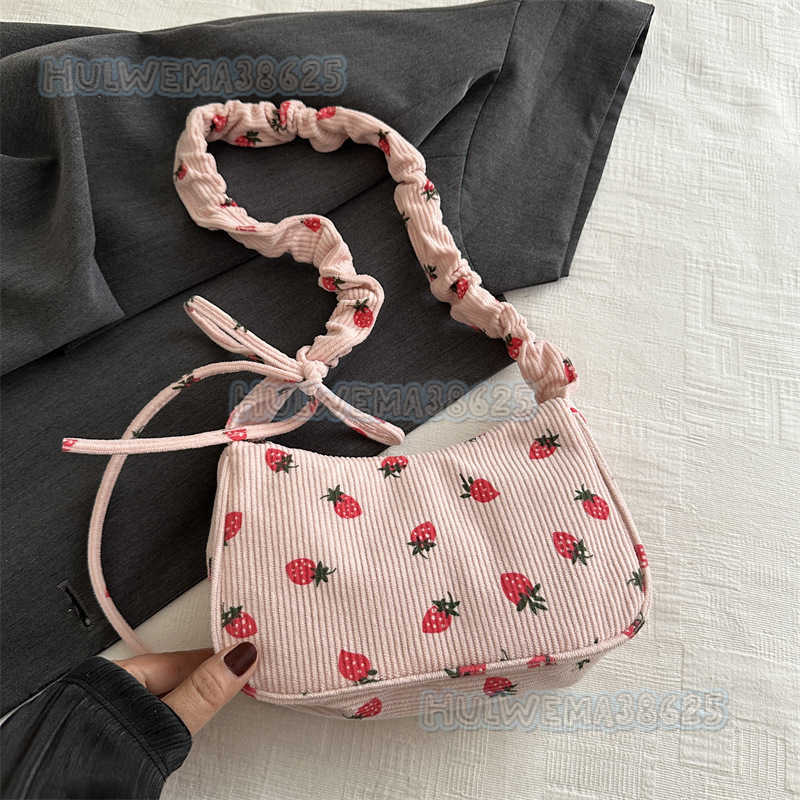 Cute Strawberry Small Bag for Women 2024 New Trendy Versatile Underarm Bag Celebrity Fashion Corduroy Shoulder Bag H250806
