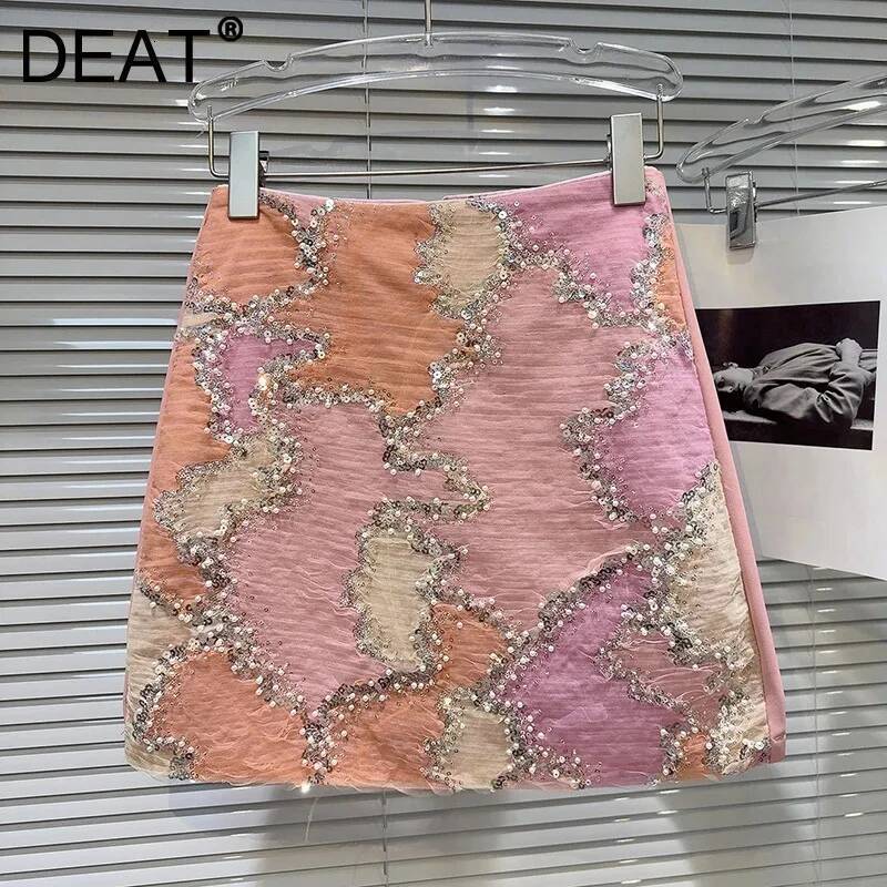2025 Summer New Women's trend DEAT Summer New Fashion Pearl Nail Bead Glitter Comparison Short Skirt Women's Wrap Hip A-line Skirt New Desig