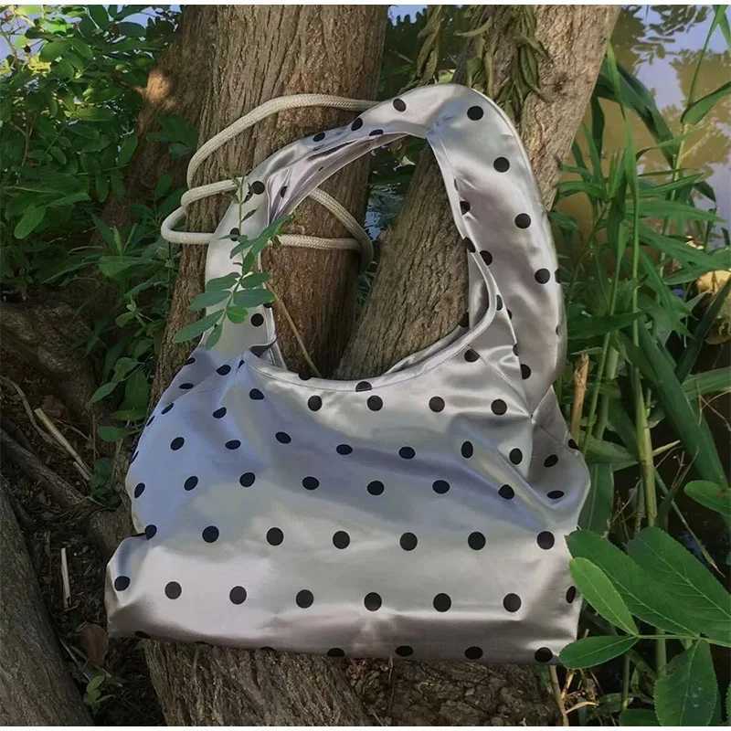 2K Satin Polka Dot Shoulder Bag Casual Chic Handbag Women Large Capacity Tote Bag Korean Style Everyday Commuter Purse Z250807