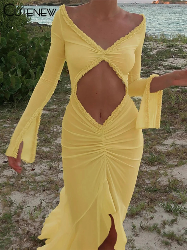 Cute Mesh Concise Dress Women Classic Holiday Style Long Sleeve Cut out Shirring Asymmetrical Robe Female Elegant Attirewear 250807