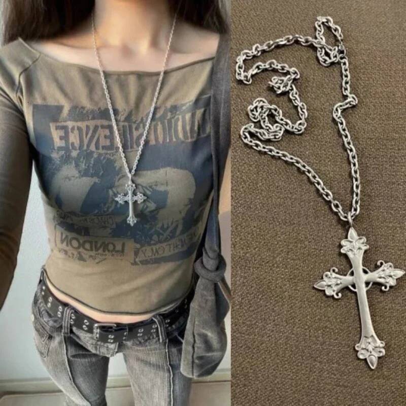 WANZHI New Goth Rose Cross Pendant Necklace for Women Large Sier Carved Sweater Chains Choker Fashion Jewelry Accessories Jewelry for Women