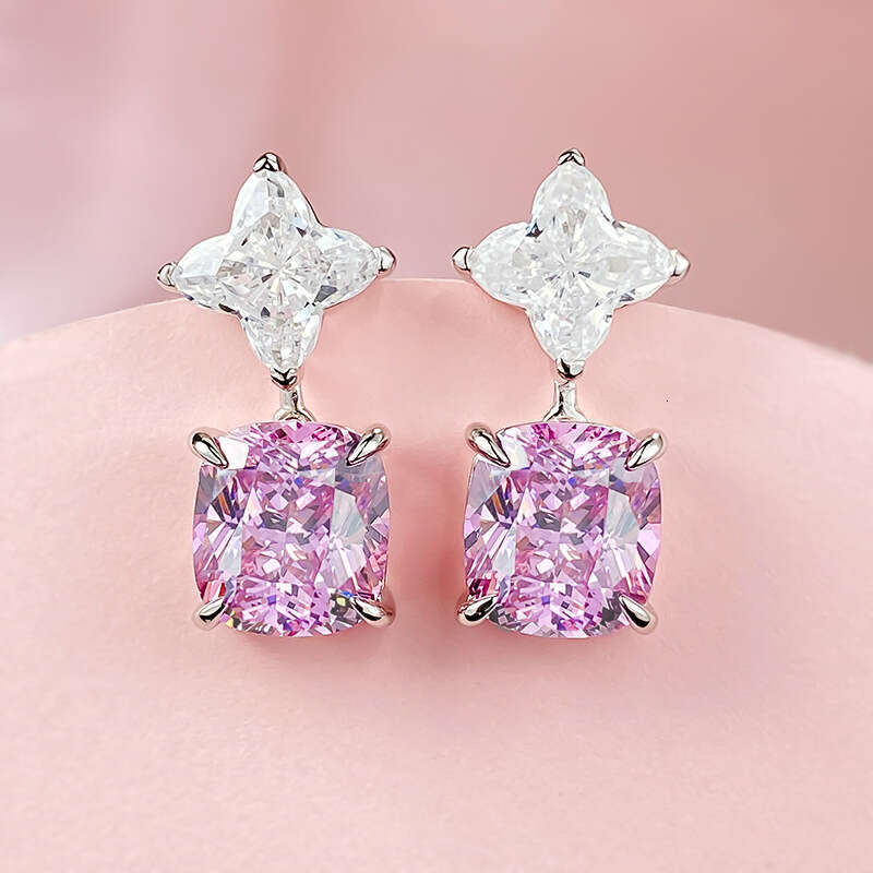 Mujing Jewelry S Sier New High Carbon 10*11 Fat Square Inlaid Pink Dia Earrings Elegant Style