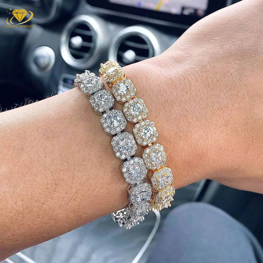 Silver Jewelry Moissanite 10mm Square Diamond Clustered Tennis Chain Necklace MenS Big Moissanite Cluster Tennis Chain