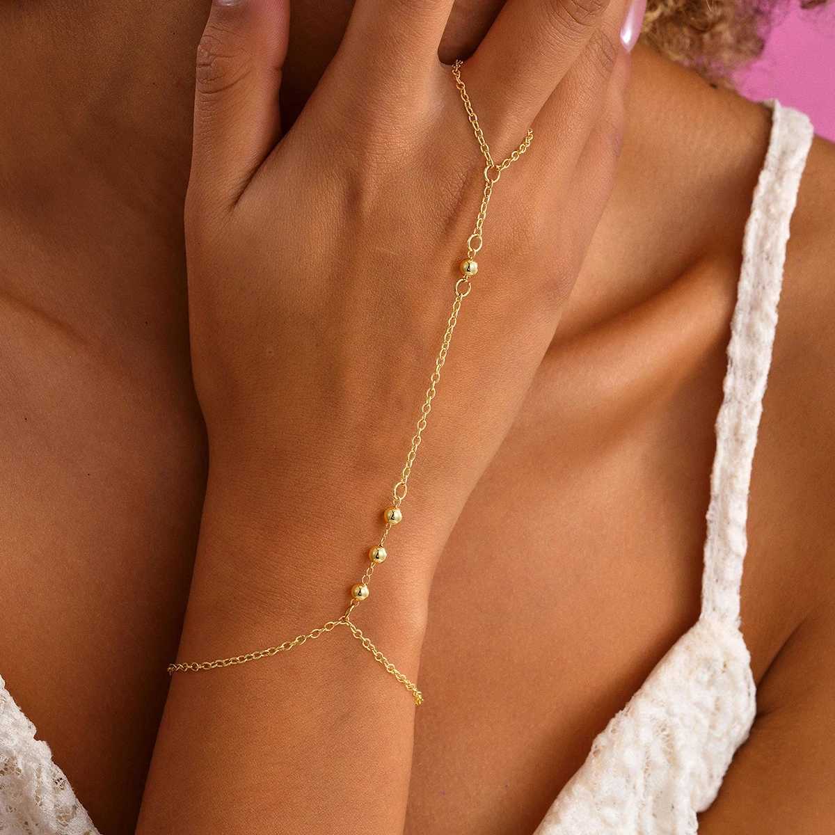 Womens Minimalist Finger - Wrist Chain Gold Color Chain Link Hand Bracelet Perfect for Summer Vacations W250807