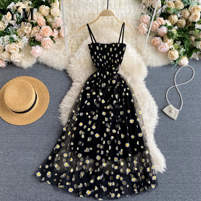 YuooMuoo Korean Fashion Daisy Flower Print Mesh Party Dress Summer Two Layers Spaghetti Strap Vacation Midi Beach Vestidos 250807