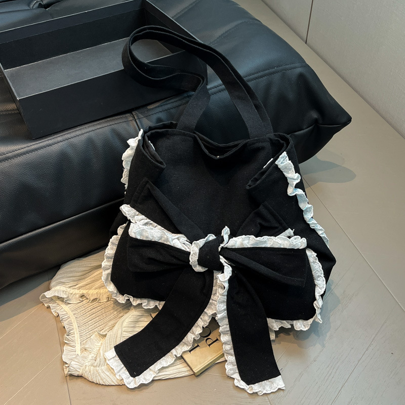 Free shipping designer Trendy Loose Canvas Tote Bag for Women Korean Style Large Capacity Lace Trim Bow Shoulder Bag Underarm Bag