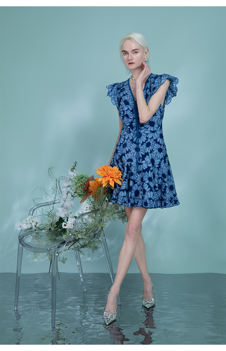 2025 Womens Summer Blue Sunflower Beach V Neck Lace Dresses Flare Short Sleeve Ruffles Mini Short Dresses 6116020