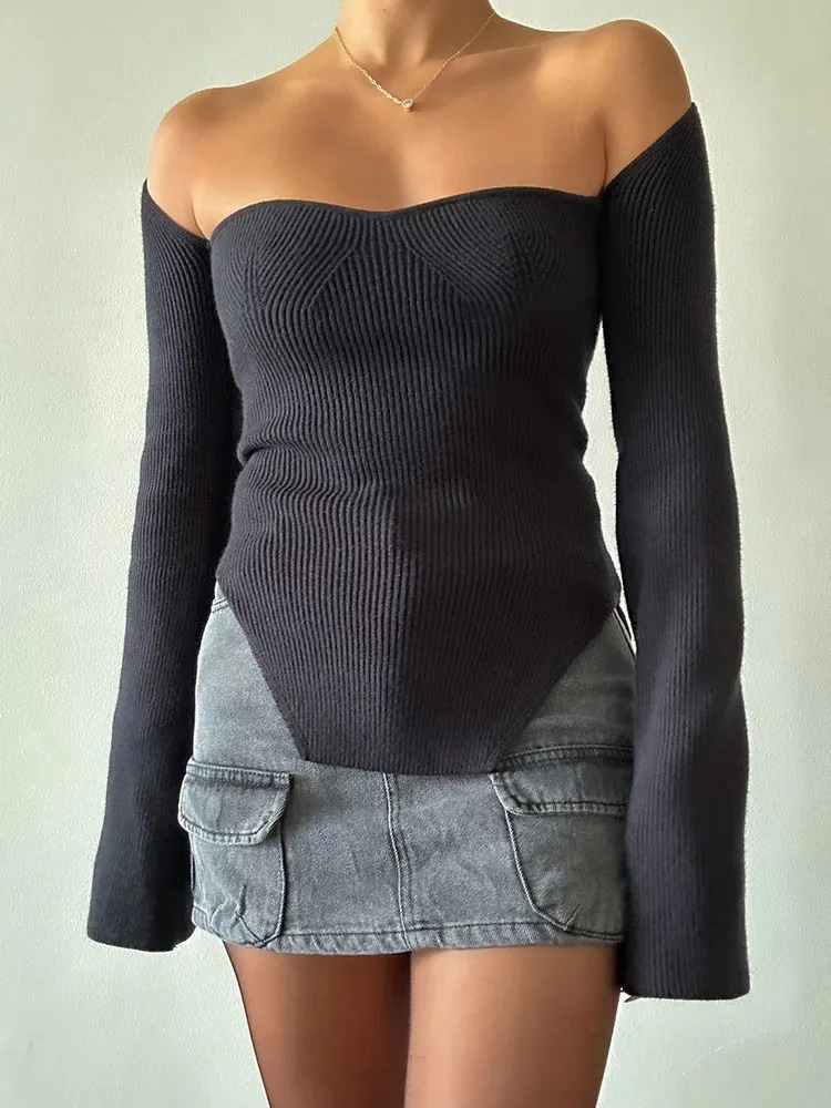 VGH Fashion Minimalist Solid Knitting Sweaters For Women Square Collar Long Sleeve Slimming Pullover Sweater Female Clothing 250804