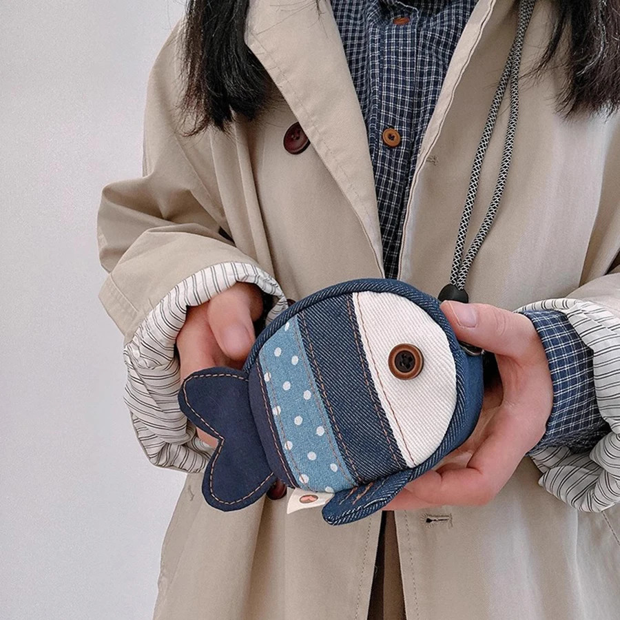 Mini Unisex CowGirl Style Puffer Fish Coin Purse Fashionable Versatile Denim Earphone Bag Cute Patchwork n 2025 250805