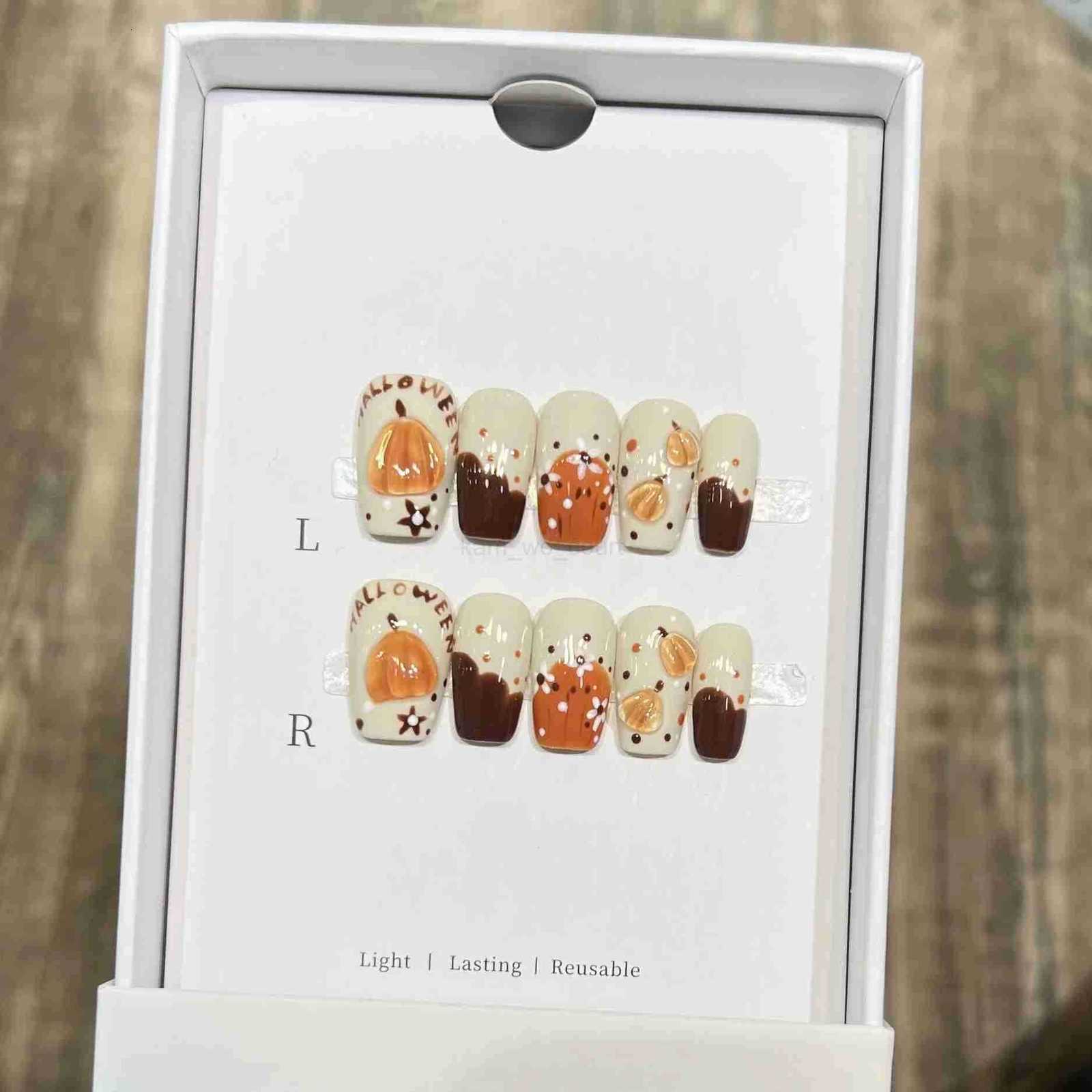 Halloween Cute ZD Crystal Pumpkin Press On Nails Decor Handmade French False Nails Short Ballerina Cartoon Fake Nails Wearable M250807