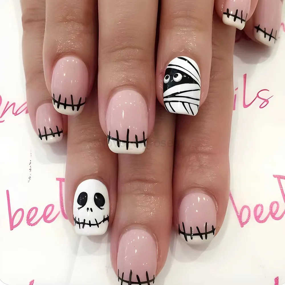 24Pcs Halloween French Design Press on Nails Short Square Ballet False Nails Ghost / Skull Full Cover Wearable Coffin Fake Nails Z250807