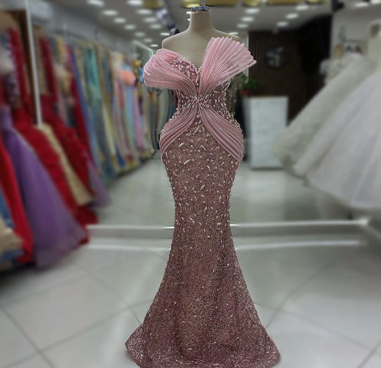 Luxury New Elegant Pink Sequins Lace Mermaid Evening Dresses Strapless For Women Beaded Prom Dress Party Gown Customized Vestido de novia