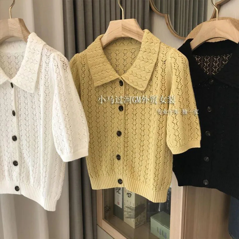 Summer French Lazy Style Hollow Out Polo Shirt Elegant Fashion Knit Short Sleeve Pullover Loose Solid Tops 250729