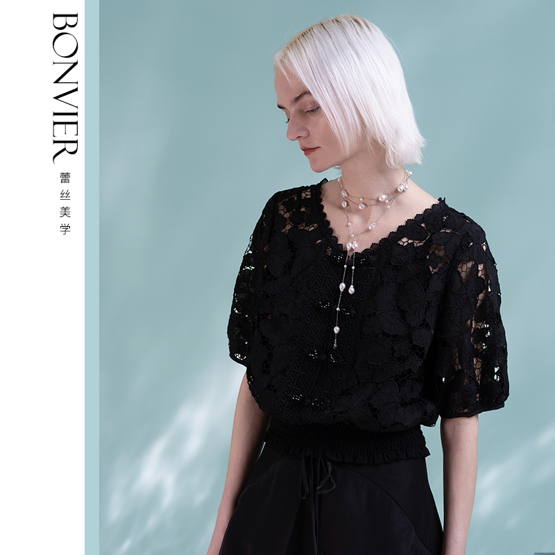 Women's Summer Tops 2025 Dressy Casual Short Sleeves V Neck Buttons Hollow Out Lace Embroidered Blouses Shirts 6112531