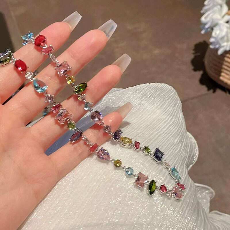 Sweet Style Candy Color Geometric Crystal Zircon Necklace Niche Girly Rainbow Choker Versatile Collarbone Chain Accessory