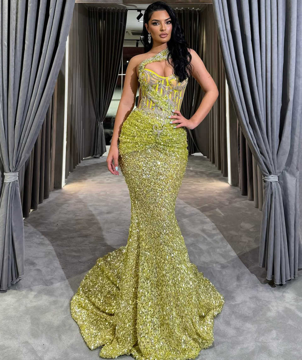 Exquisite Mermaid Evening Dresses One Shoulder Crystal Beading Prom Gowns Sleeveless Sequins Formal Party Dresses Customized