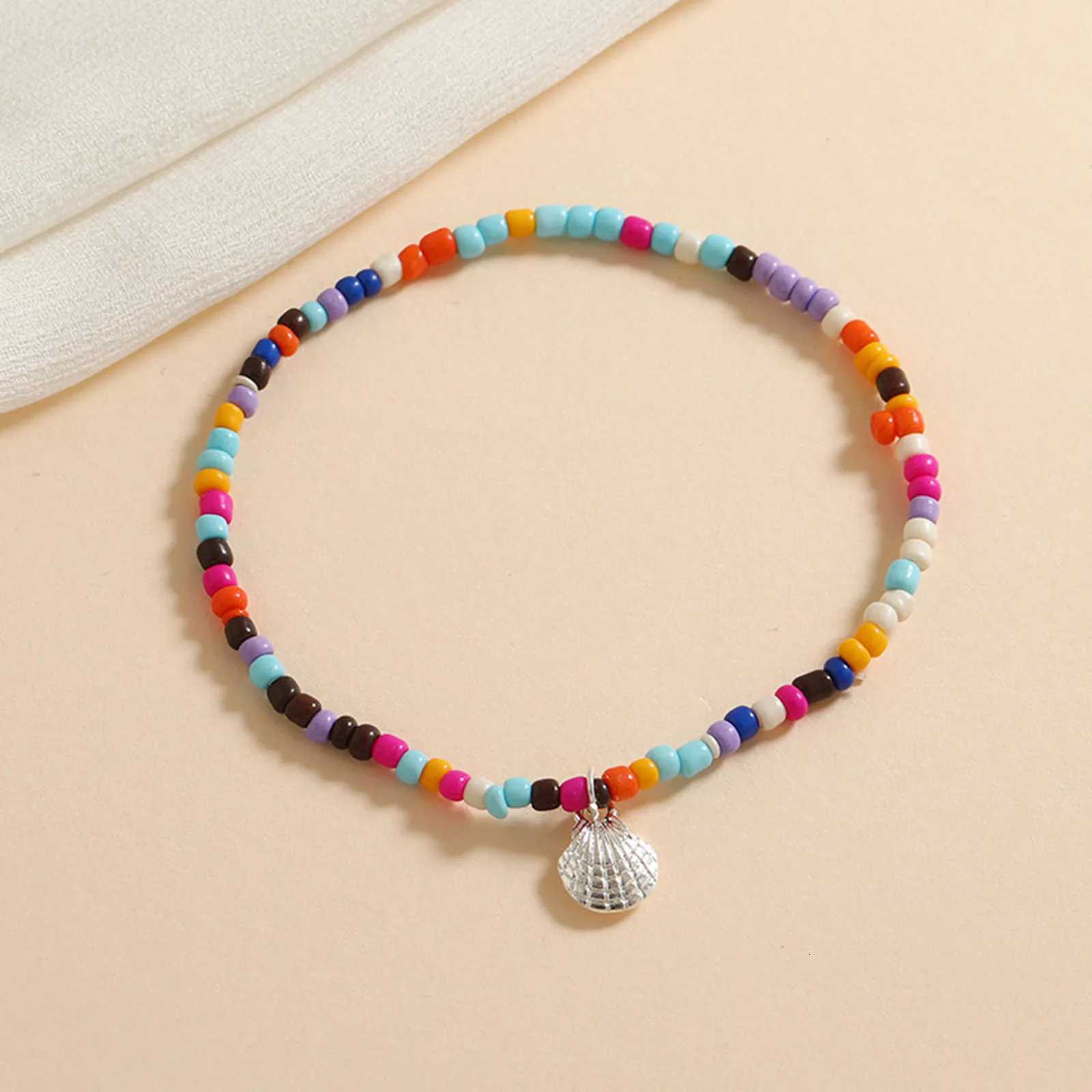 Summer Bohemian Anklet Stained Glass Rice Beads Elastic Star Moon Pendant Cherry Handmade Anklet Foot Leg Jewelry Y250805