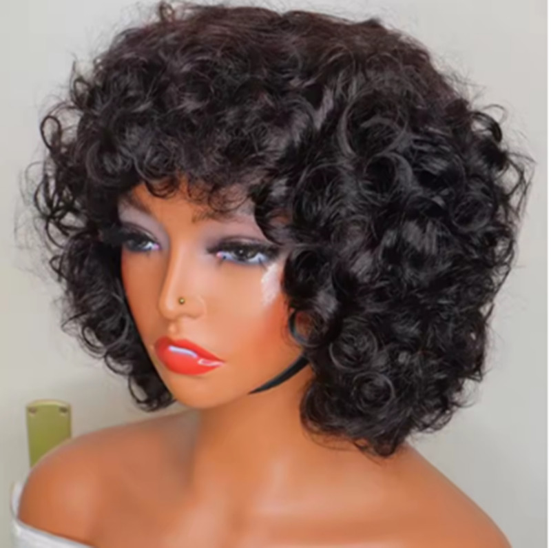 Highlight Blonde Funmi Curly Short Bob Human Hair Wig for Women natural black Full Machine Made Fringe Egg Curl Pixie Cut Wig