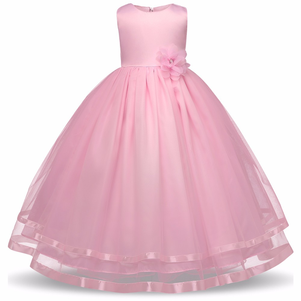 Beaded Floral Simple Girl's Wedding Dress - Solid Color Mesh with Mid-Calf Hemline (Ages 3-14)