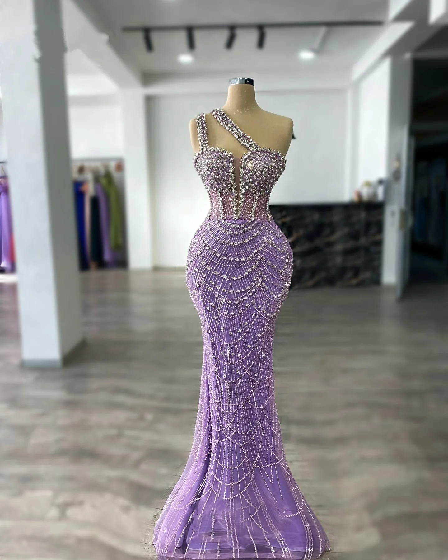 Elegant Crystal Evening DressesOne Shoulder Prom Dress Sequin Beading Slim Sleeveless Mermaid Princess Party Gowns Vestidos De Noche Plus Size