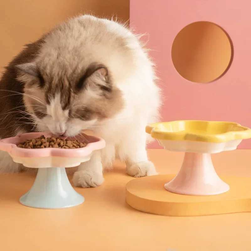 New Ceramic Cat Bowl Flower Shape Cat Rice Bowl High Foot Neck Guard Food Bowls Non-slip Puppy Feeder Pet Supplies Y250806