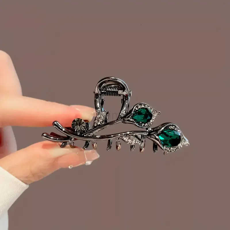 Elegant retro style tulip hair claws - medium size alloy inlaid with rhinestones suitable for ponytails and high bun hairstyles U250807