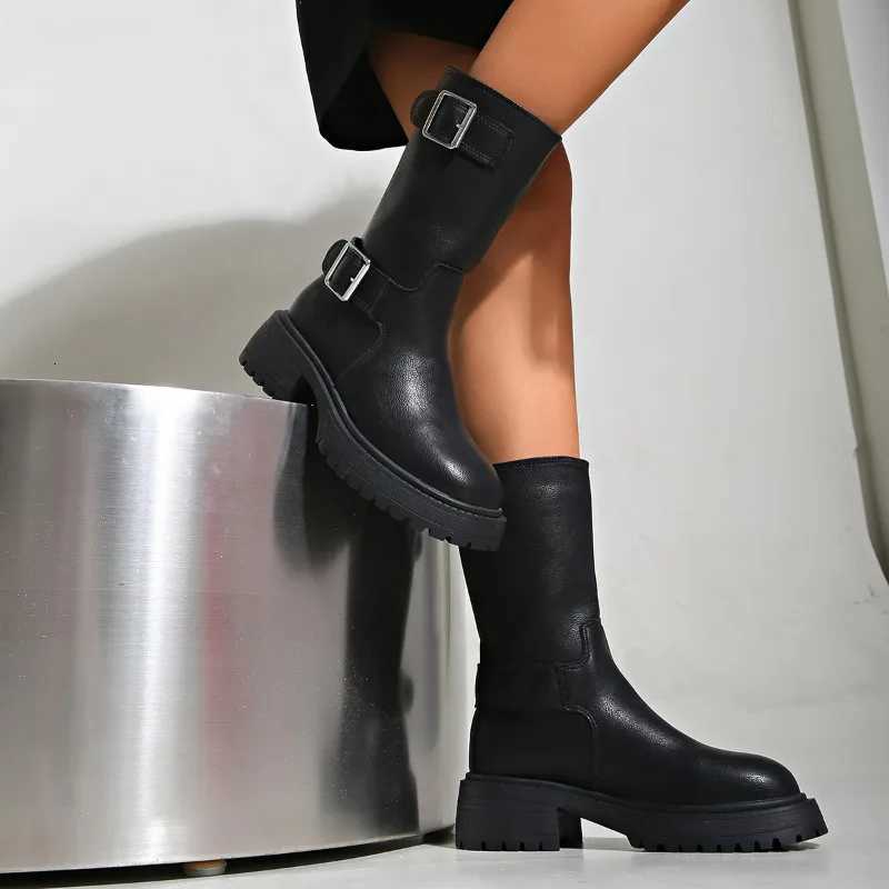 35-40 New Yards Round Toe Sleeve Hundred Square Buckle Short Boots Thick Bottom Comfortable Commuter Shoes XJ250807