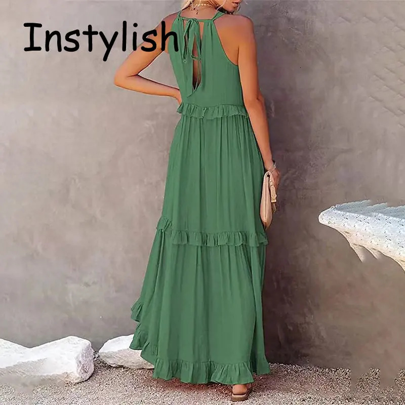 Women Casual Solid Ruffles Long Dress Summer Elegant Sleeveless Sundress Harajuku Maxi Beach Party Evening Vestido 250807
