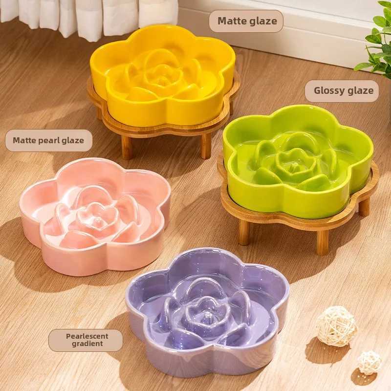 Ceramic Dog Slow Food Bowl Anti-choking Medium and Large Dog Food Basin Cat Bowl with Wooden Frame Pet Feeding Supplies With Y250806