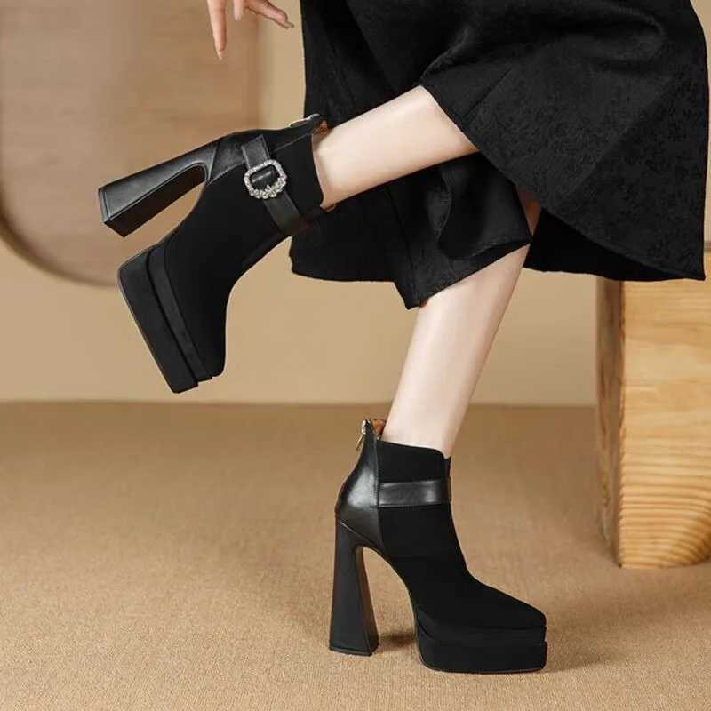 2025 Trend Luxury Brand Chunky Chelsea Snow Boots with Crystal Platform Pointed Toe Women Ankle Boots Super High Heels Pumps XJ250807