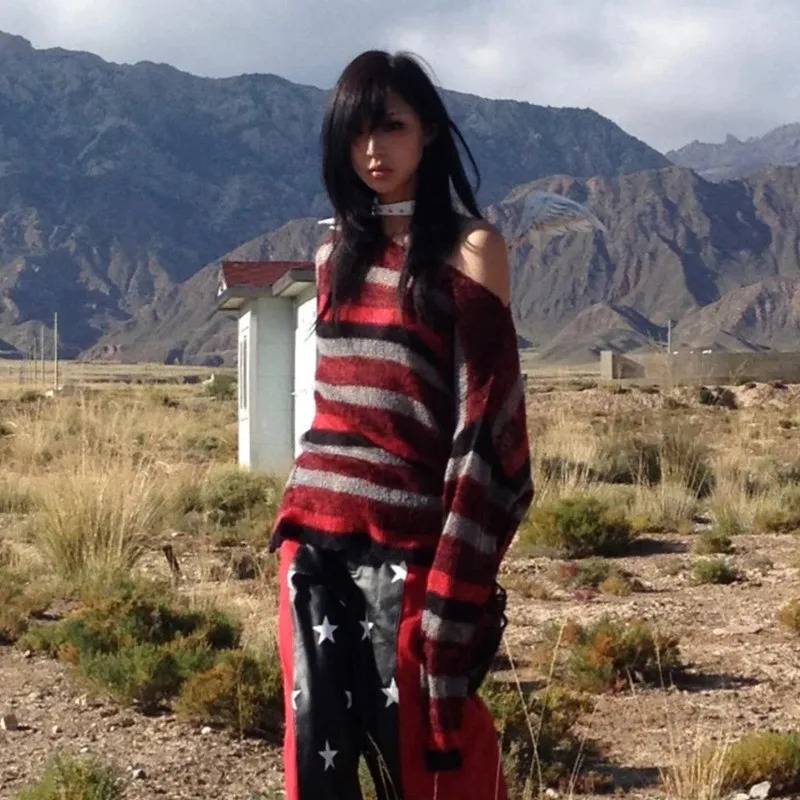 Karrram Y2k Aesthetics Off Shoulder Pullover Grunge Gothic Red Striped Sweater Japanese Harajuku Loose Knit Tops American Retro 250806