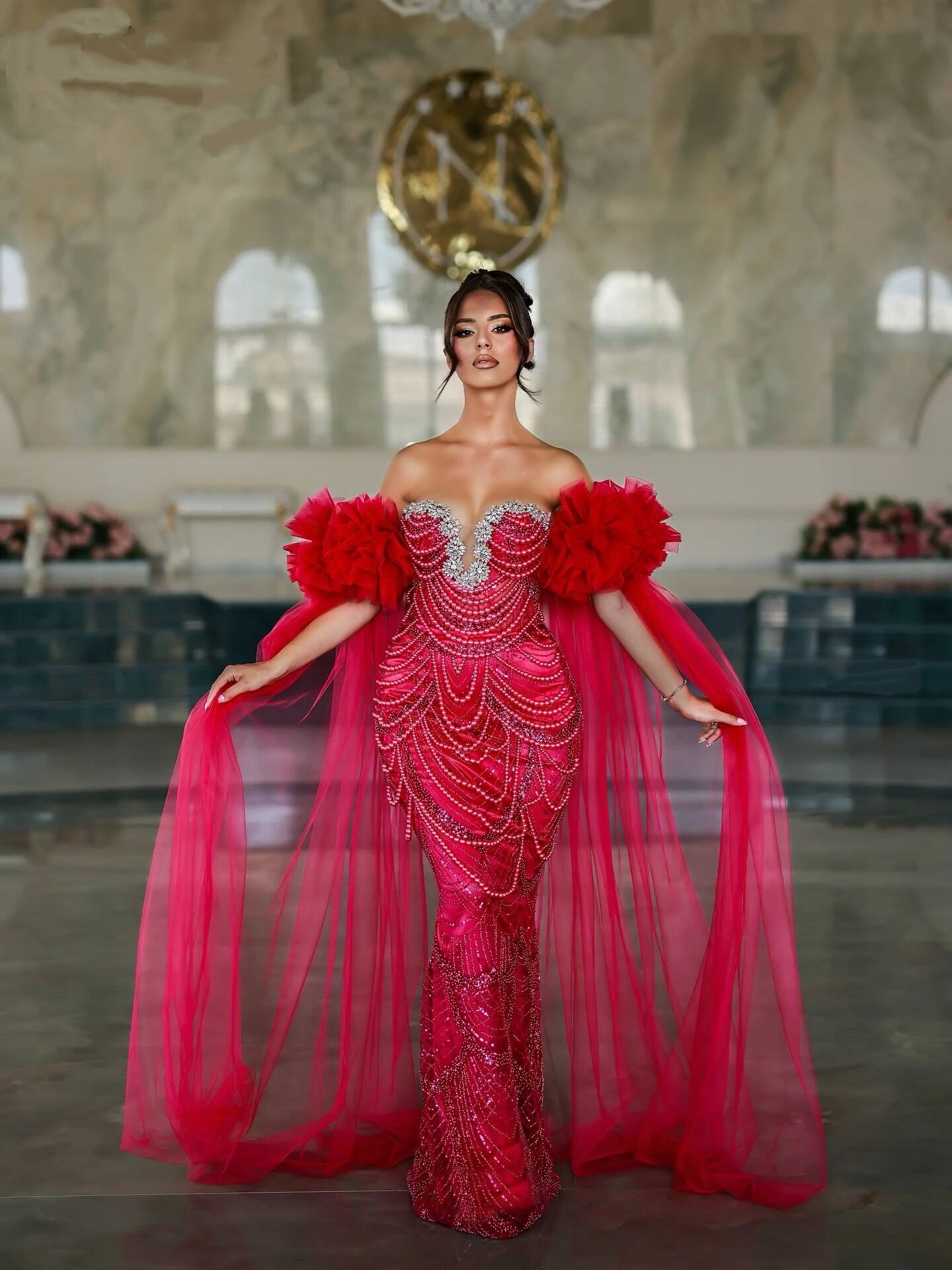 Gorgeous Strapless Beading Evening Dresses Customized Sexy Sequins Strapless Prom Dress With Wraps Ruffle Party Gown