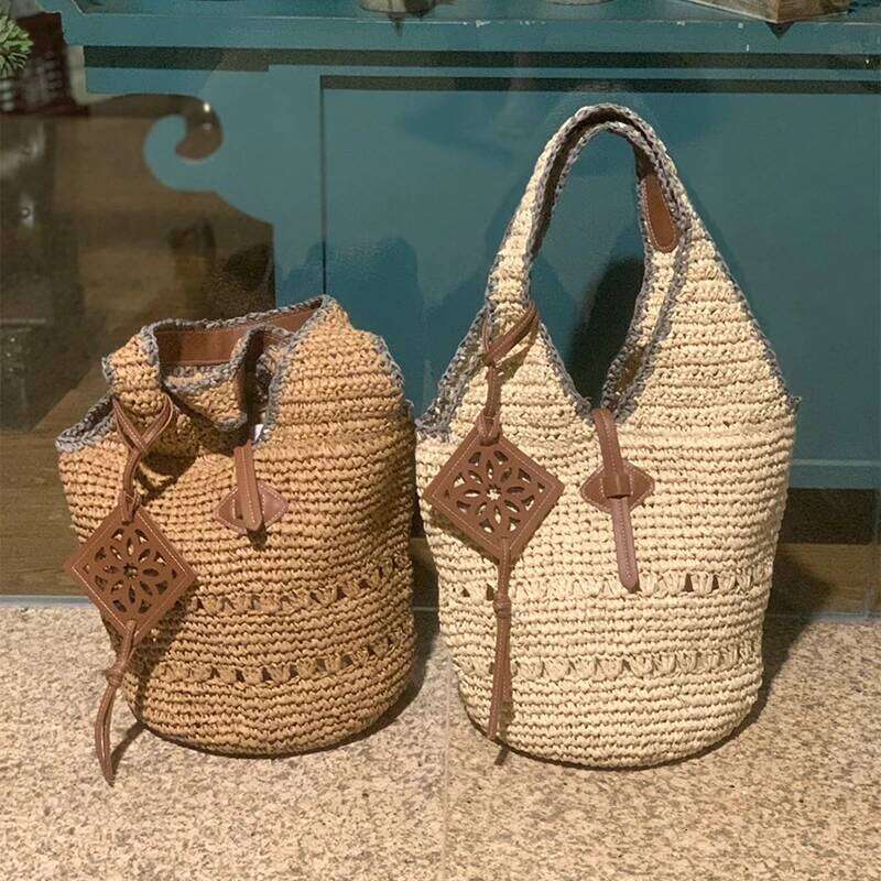 Exquisite Raffia Woven Shoulder Underarm Hand-Crocheted Large Capacity Tote Retro Holiday Beach Bag Bucket Handbag Women