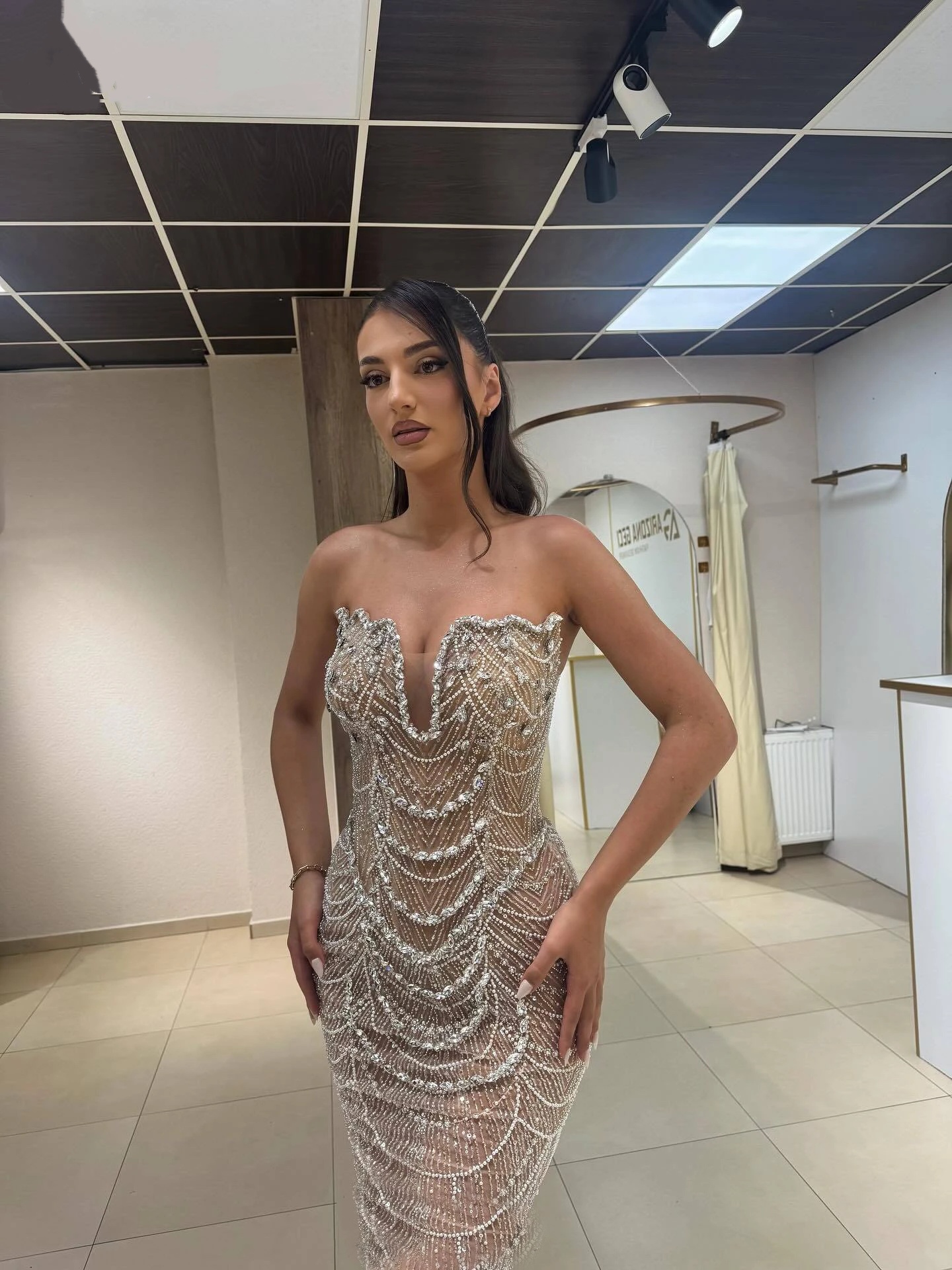 Glamorous Rhinestone Evening Dresses Strapless Prom Dress Illusion SleevelessBeading Slim Mermaid Party Gowns Vestidos De Noche Plus Size