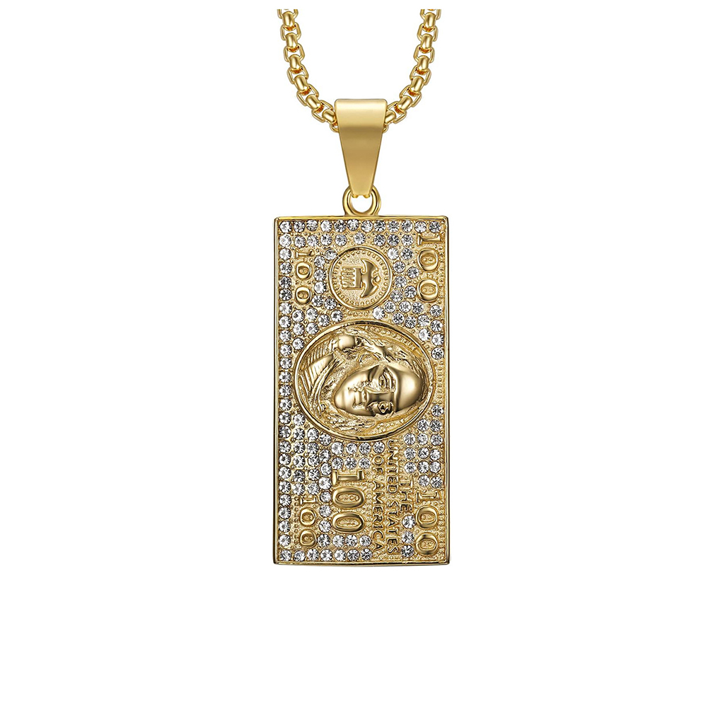 Hip Hop Hundred Dollars Pendant Necklace Stainless Steel Gold Plated Jewelry