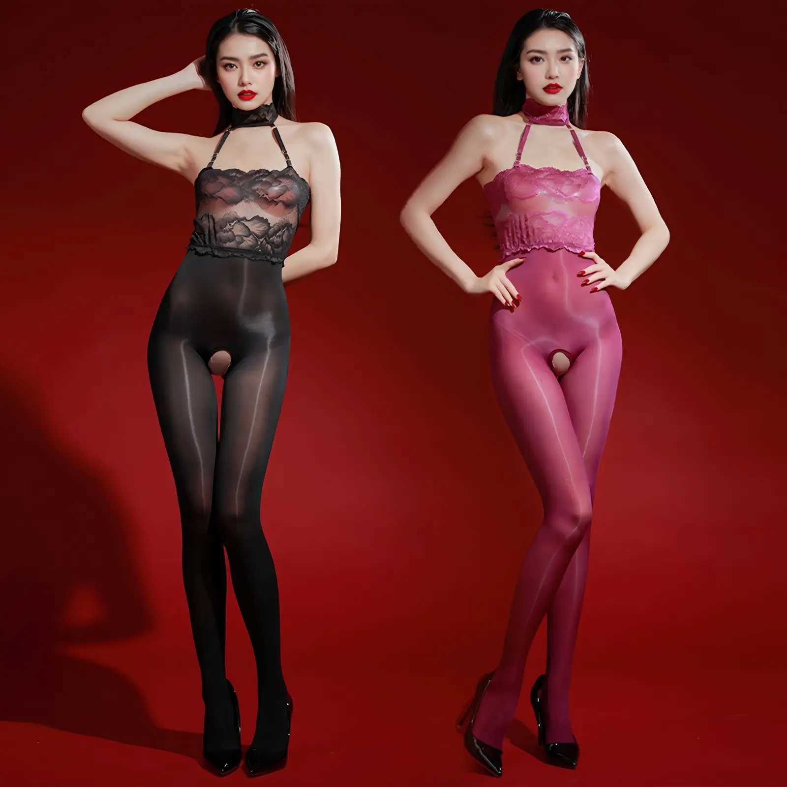 5D Thin Neck Strap Suspender Oil Shiny Glossy Jumpsuit Lingerie Lace Splicing Open Crotch See Through Tights Bodysuit W250807