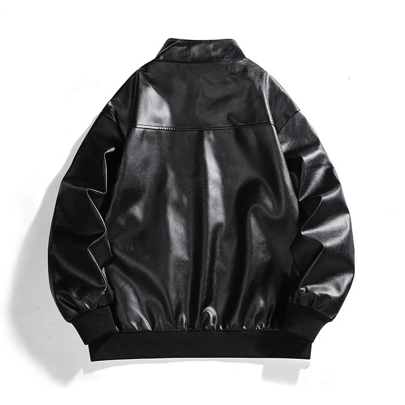 American Style PU Leather Jacket Men Stand Collar Biker Coat Embroidered Color Block Casual Motorcycle Jacket Trendy Spring Fall 250805