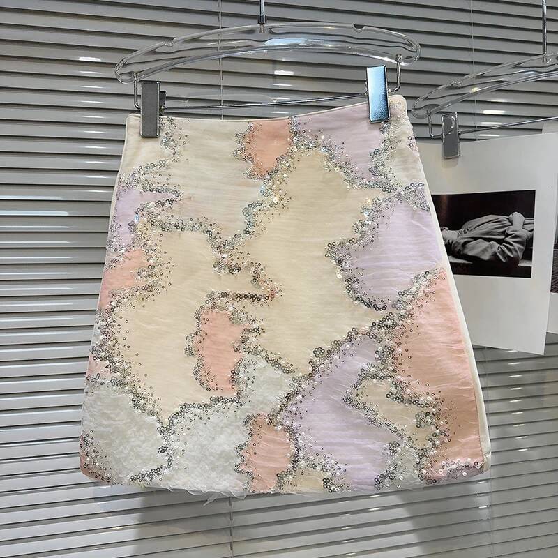 2025 Summer New Women's trend DEAT Summer New Fashion Pearl Nail Bead Glitter Comparison Short Skirt Women's Wrap Hip A-line Skirt New Desig