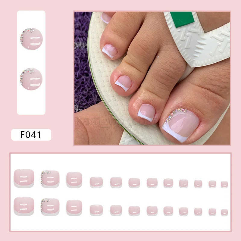 Summer Simple White French Wearable Nail Tip Art Shiny Rhinestone Toe False Nail Glue Short Flat Shape Artificial Fake Toenails M250807