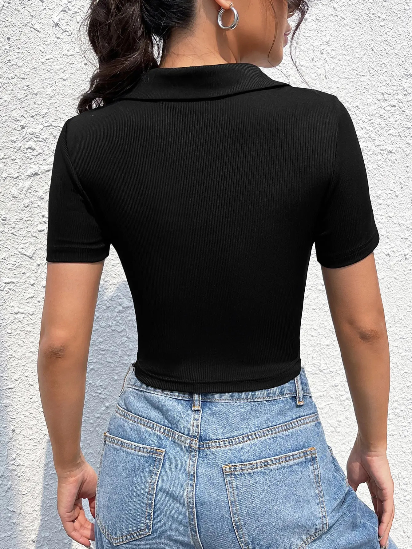 polo neck V short sleeve Tshirt womens summer shoulder high waist Spice Girl slimming crop top 250729