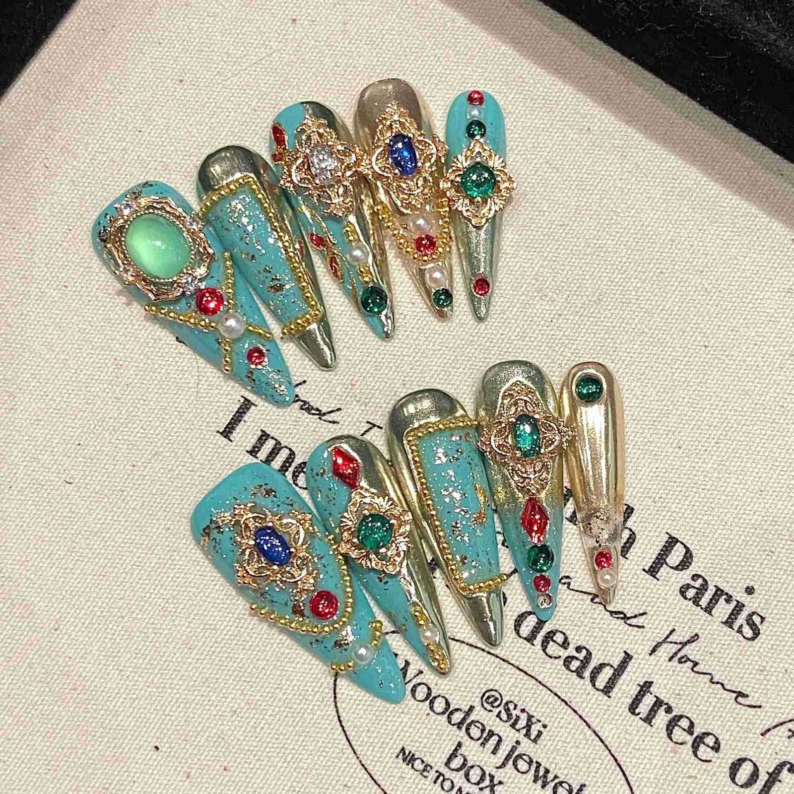 10pcs Green Long-pointed Press On Nails For Wedding Flash Gold Foil Chain Decors Luxury False Nails New Year French Fake Nails Z250807