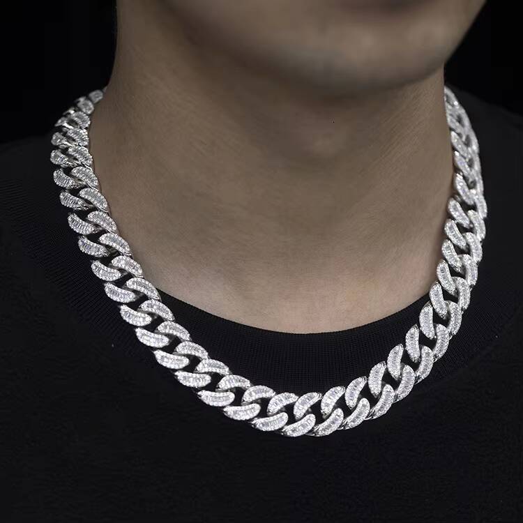 XINGGUANG Gems Customized 15mm Cuban Link Chain 925 Sterling Silver with baguette Moissanite Bling Diamond Hip Hop Necklace