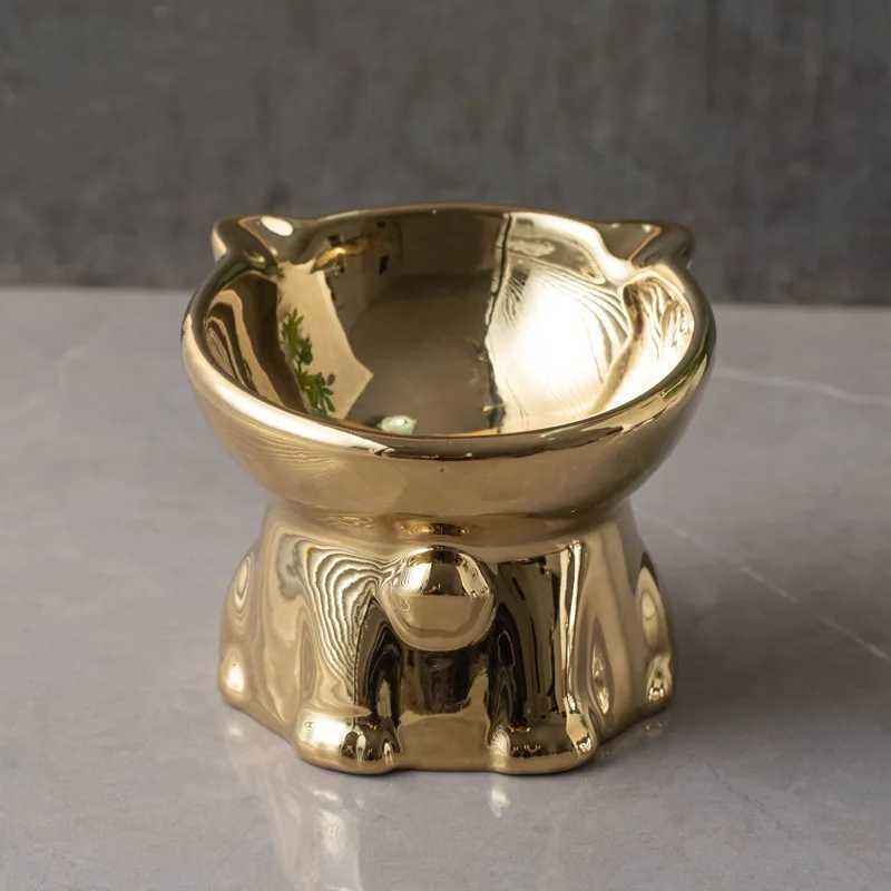 Fashion Ceramic Pet Bowl Gold and Silver Bells Cat Shaped Bowl Drink Water and Eat Feeder for Puppy Dog Cat Pet Supplies Y250806