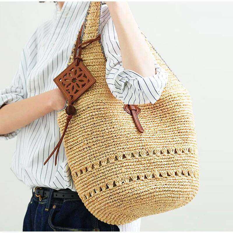 Exquisite Raffia Woven Shoulder Underarm Hand-Crocheted Large Capacity Tote Retro Holiday Beach Bag Bucket Handbag Women