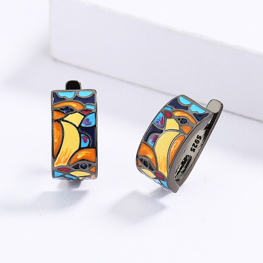 Black Tone Enamel Painted Stained Glass-Inspired Hoop Earrings With Colorful Pattern Artistic And Vintage Outfit Accessory Gift For Her Unique Eye-Cat