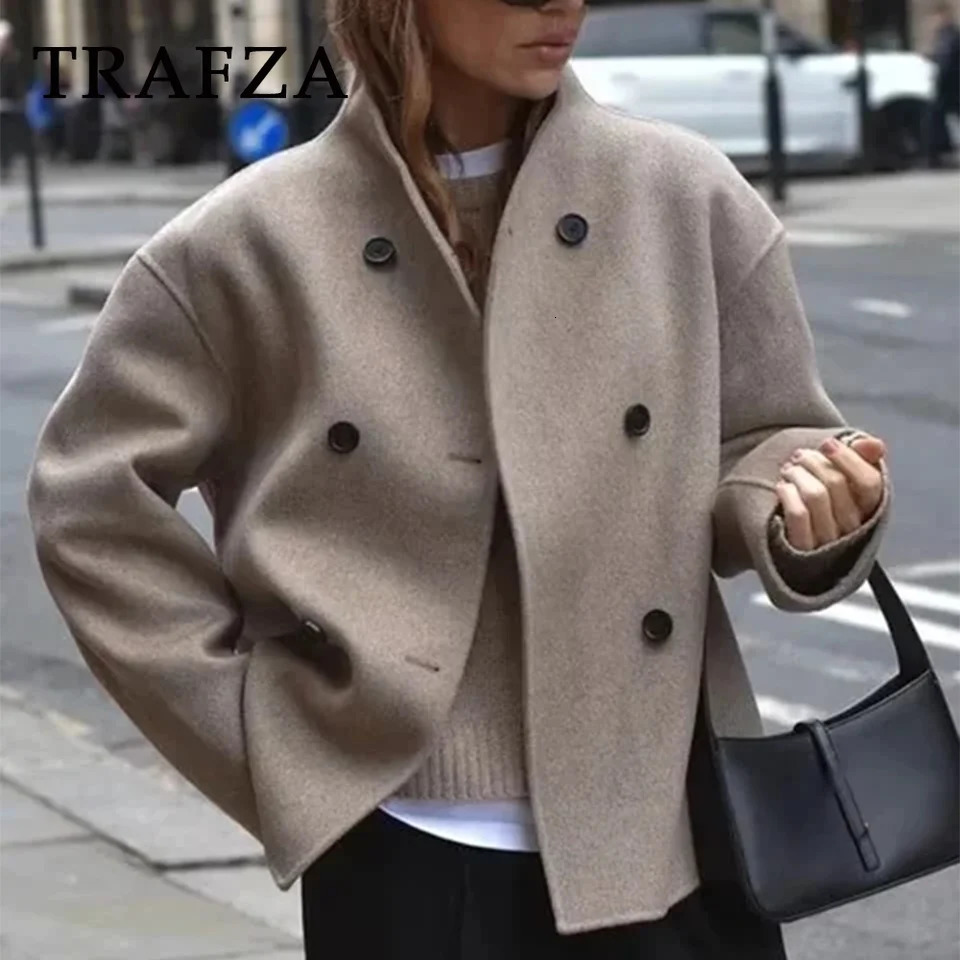 TRAFZA Autumn Winter Women Casual Solid Woolen Coat Fashion Office Lady Loose Double Breasted Turtleneck Demi-season Jacket 250805