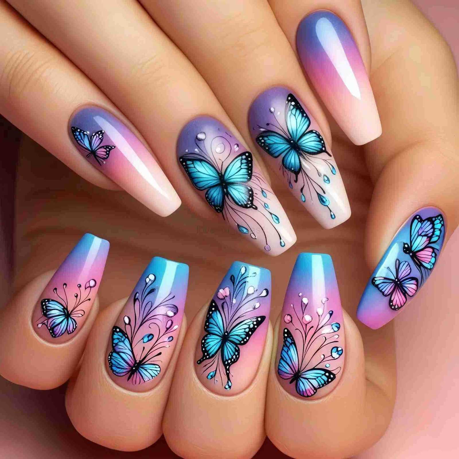 24Pcs Medium Coffin Press on Nails Colorful Gradient Stripes Gel Fake Nails Dreamy Rainbow Butterfly Nail Plant Flowers Nail Tips Z250807