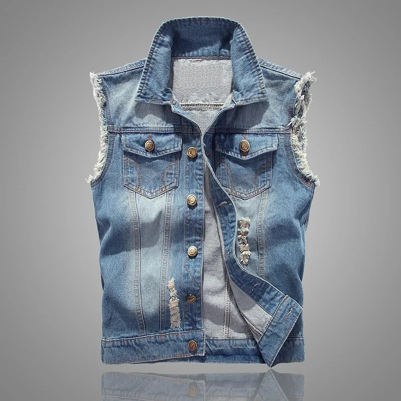 Denim Vest for Men Korean Style Slim Light Blue Horse Clip Vest Ripped Denim Vest Top Mens Fashion 250804