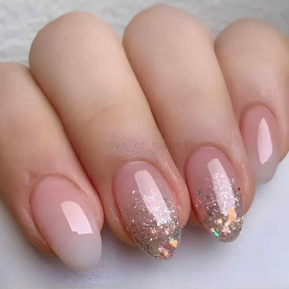 24Pcs Almond Fake Nails with Shimmery Powder Simple Nail Art Ombre French Full Cover Wearable Nail Manicure Tips for Girls Daily Z250807